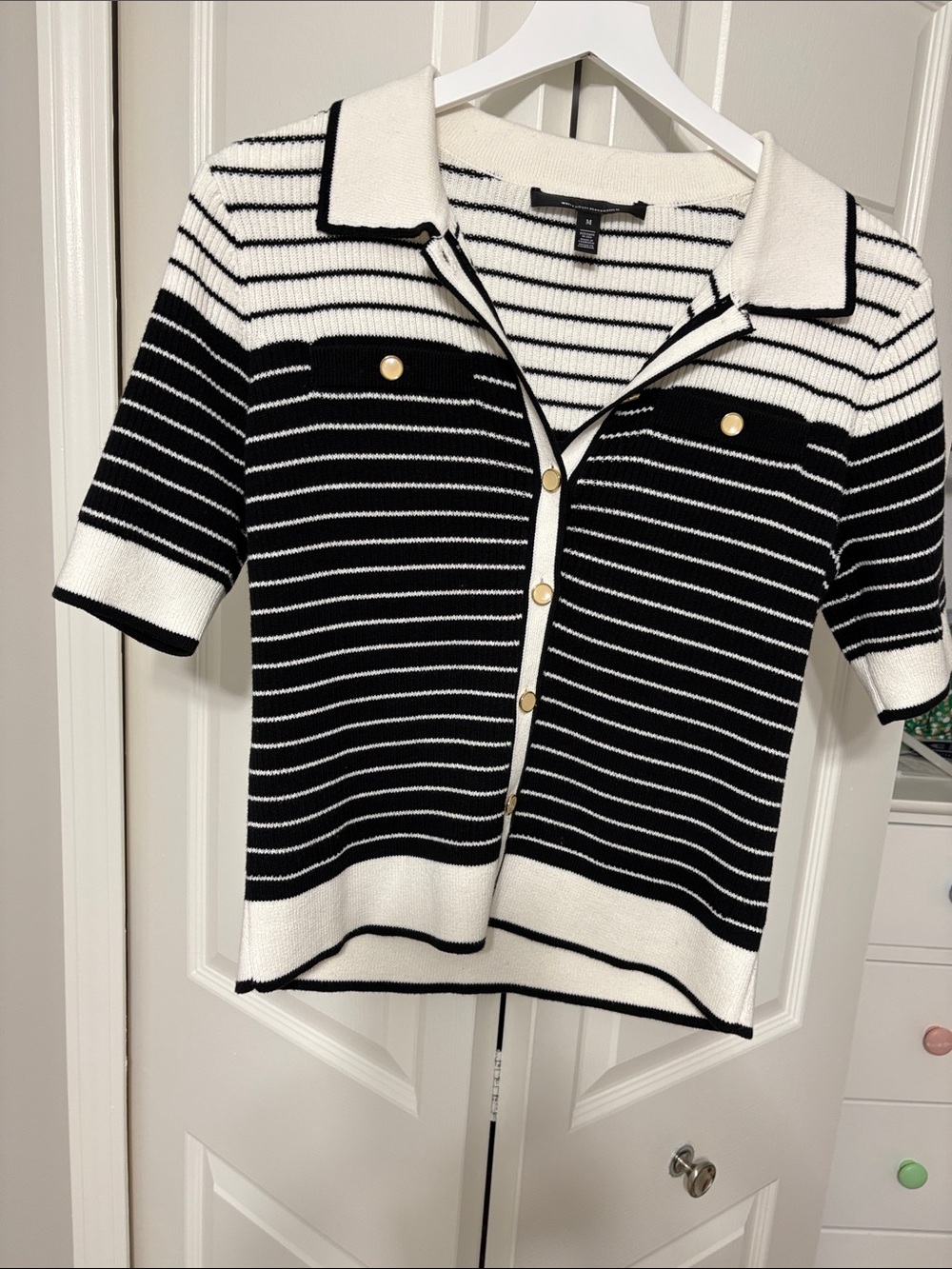White House Black Market Black & White Striped Short-Sleeve Cardigan